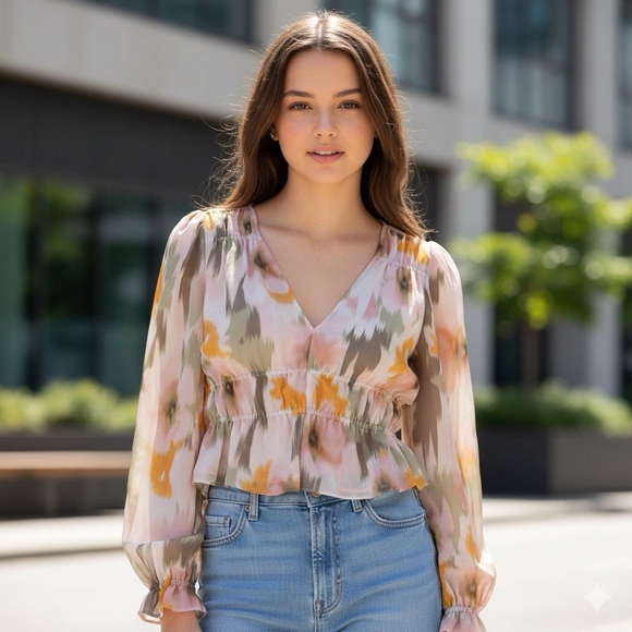 Steve Madden Tops - Steve Madden Ardenne Floral Peplum Blouse Long Sleeve V-Neck Cinched Waist S